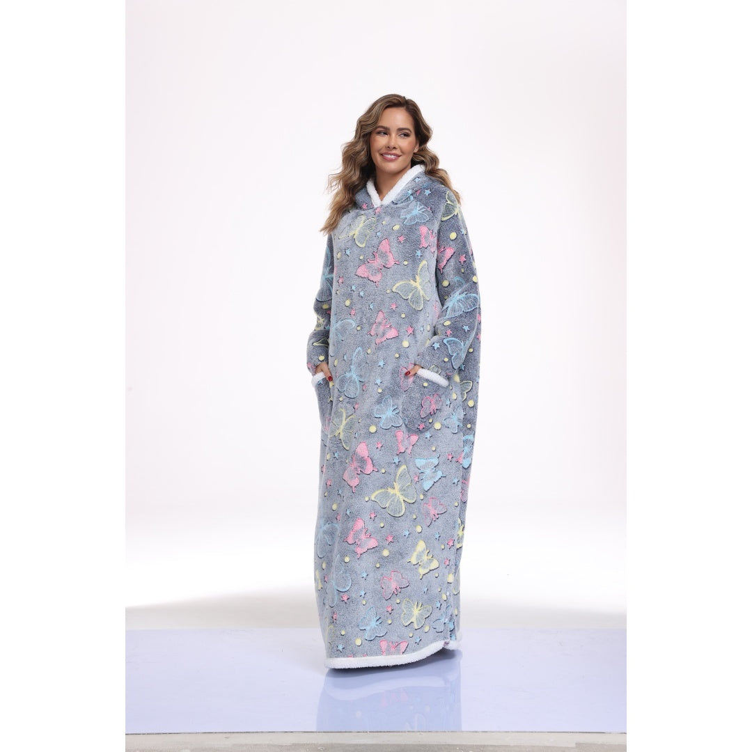 Oversized Wearable Hooded Blanket With Print Glow In The Dark Long Size-59in Sherpa Warm Sweatshirt For Women