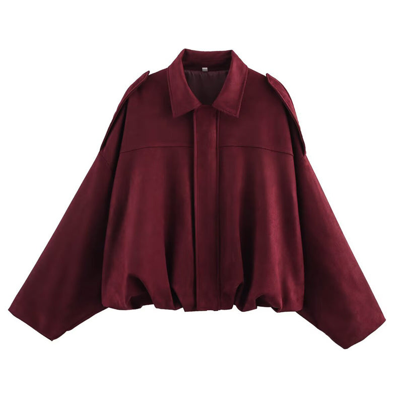 Women's Solid Color Notch Lapel Batwing Sleeve Zip-Up Jacket - Casual Pilot Style Cropped Top