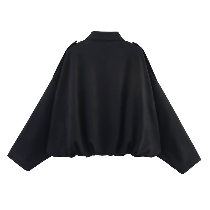 Women's Solid Color Notch Lapel Batwing Sleeve Zip-Up Jacket - Casual Pilot Style Cropped Top
