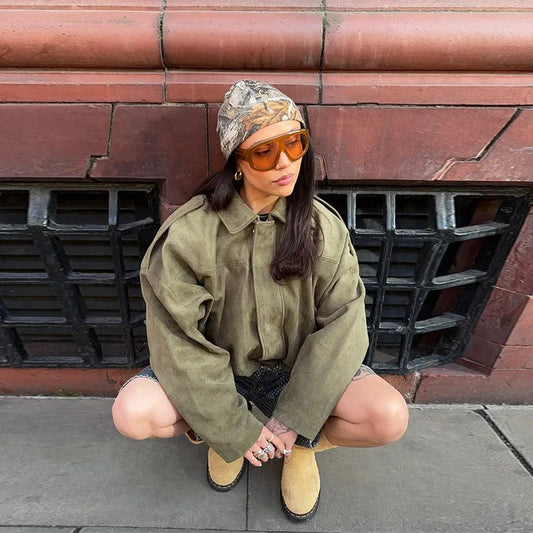 Women's Solid Color Notch Lapel Batwing Sleeve Zip-Up Jacket - Casual Pilot Style Cropped Top