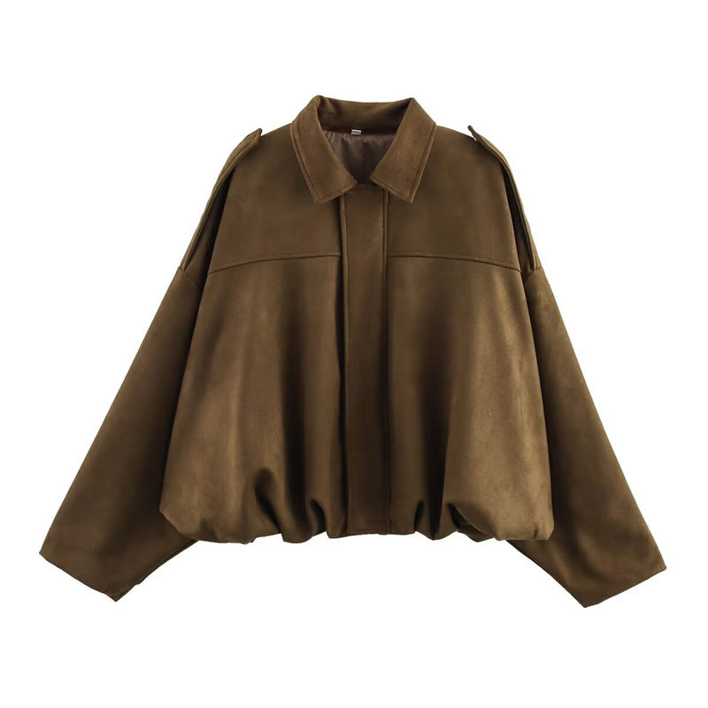 Women's Solid Color Notch Lapel Batwing Sleeve Zip-Up Jacket - Casual Pilot Style Cropped Top