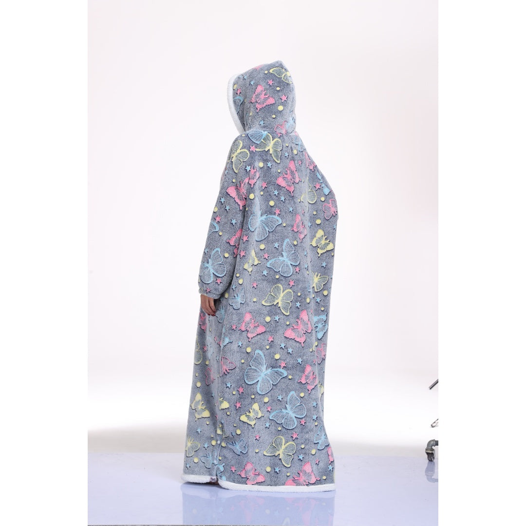 Oversized Wearable Hooded Blanket With Print Glow In The Dark Long Size-59in Sherpa Warm Sweatshirt For Women