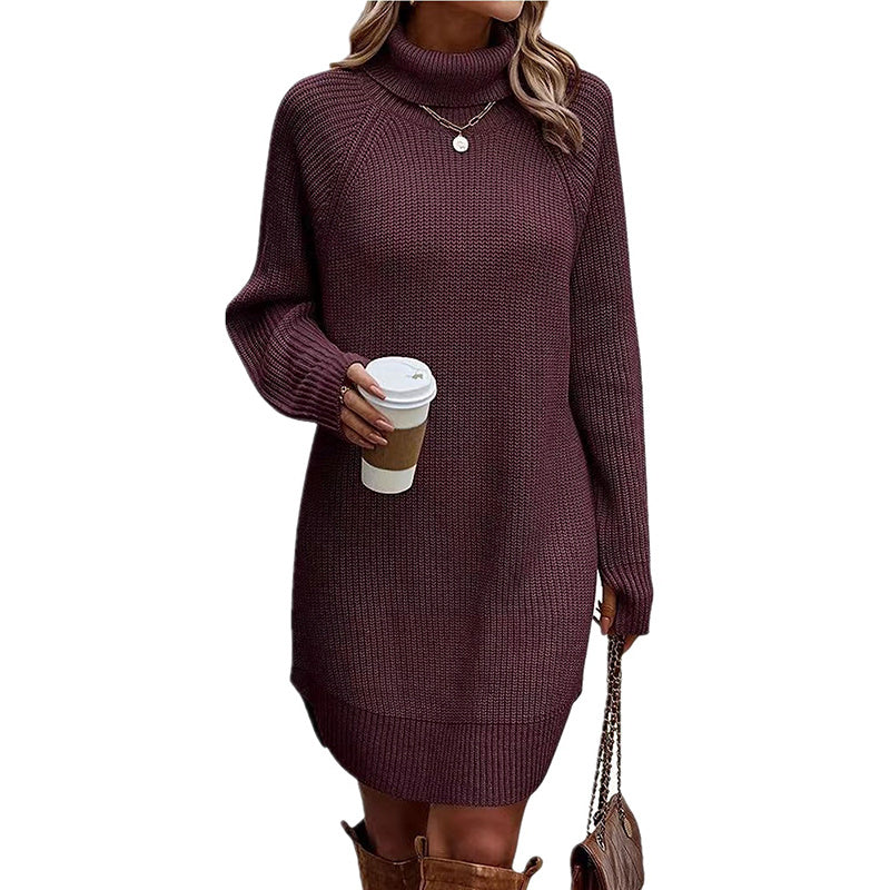Women's Turtleneck Sweater Dress, Fall Long Sleeve Knit Pullover Mini Dress, Casual Short Sweater Dresses
