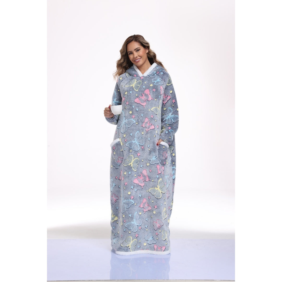 Oversized Wearable Hooded Blanket With Print Glow In The Dark Long Size-59in Sherpa Warm Sweatshirt For Women