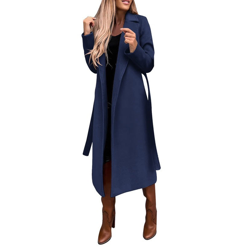 Woolen Coat Simple Fashion V-neck Lace Up Long Coat For Women
