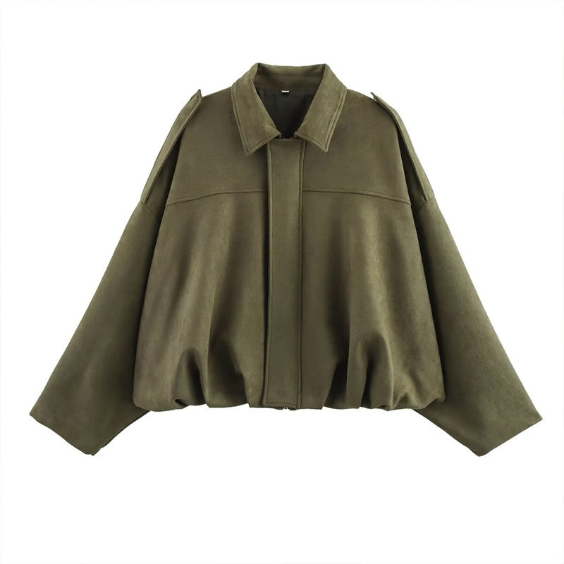 Women's Solid Color Notch Lapel Batwing Sleeve Zip-Up Jacket - Casual Pilot Style Cropped Top