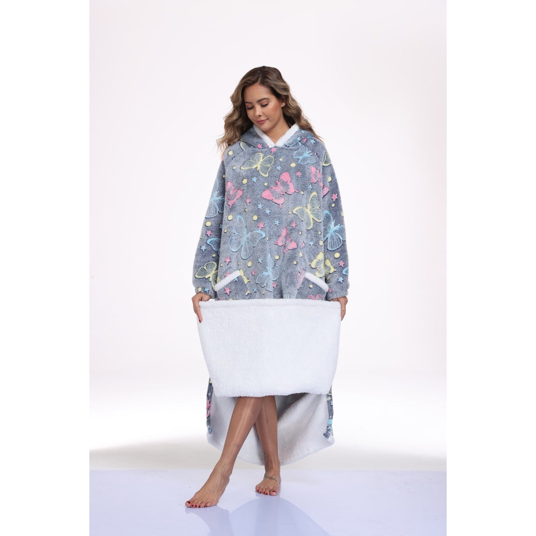 Oversized Wearable Hooded Blanket With Print Glow In The Dark Long Size-59in Sherpa Warm Sweatshirt For Women