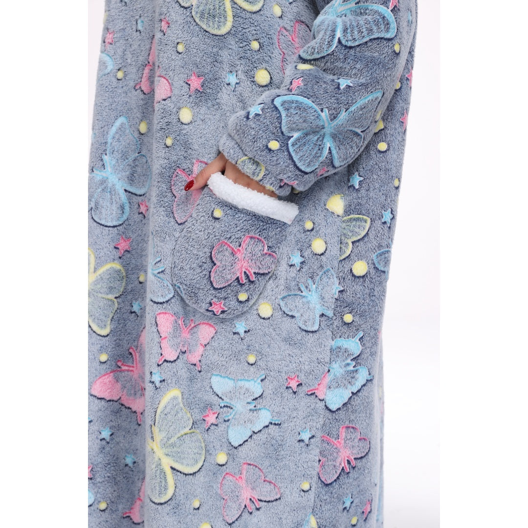 Oversized Wearable Hooded Blanket With Print Glow In The Dark Long Size-59in Sherpa Warm Sweatshirt For Women