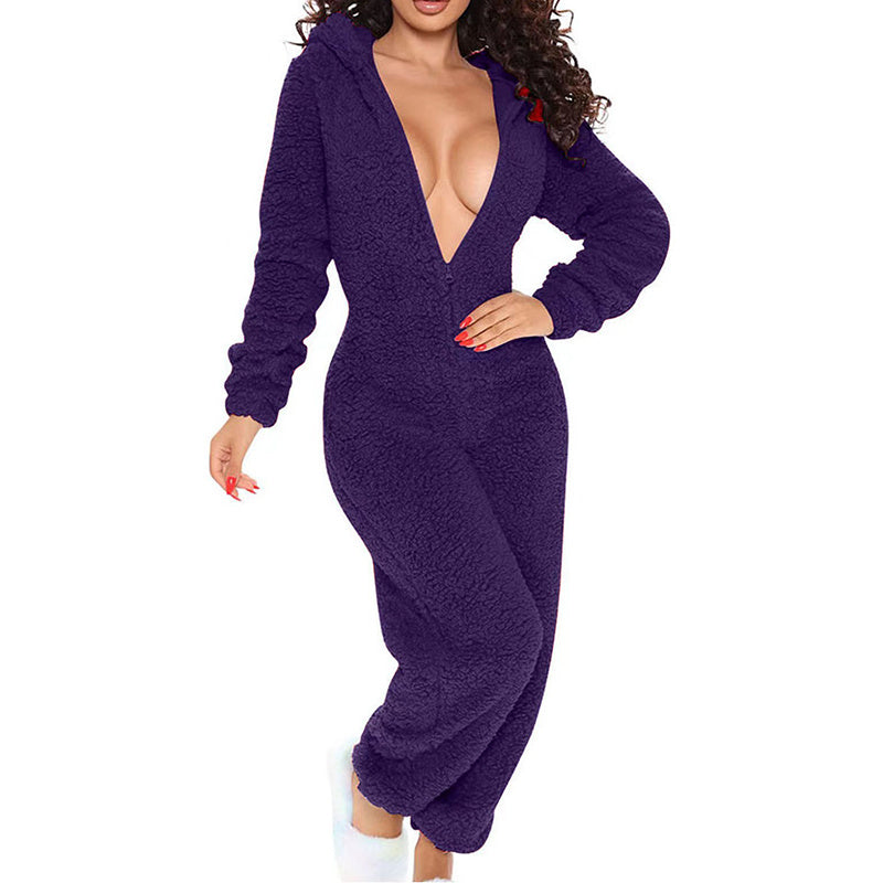 Women's Solid Color Plush Hooded Tracksuit Set Zip-Up Long Sleeve Top And Pants For Winter Loungewear