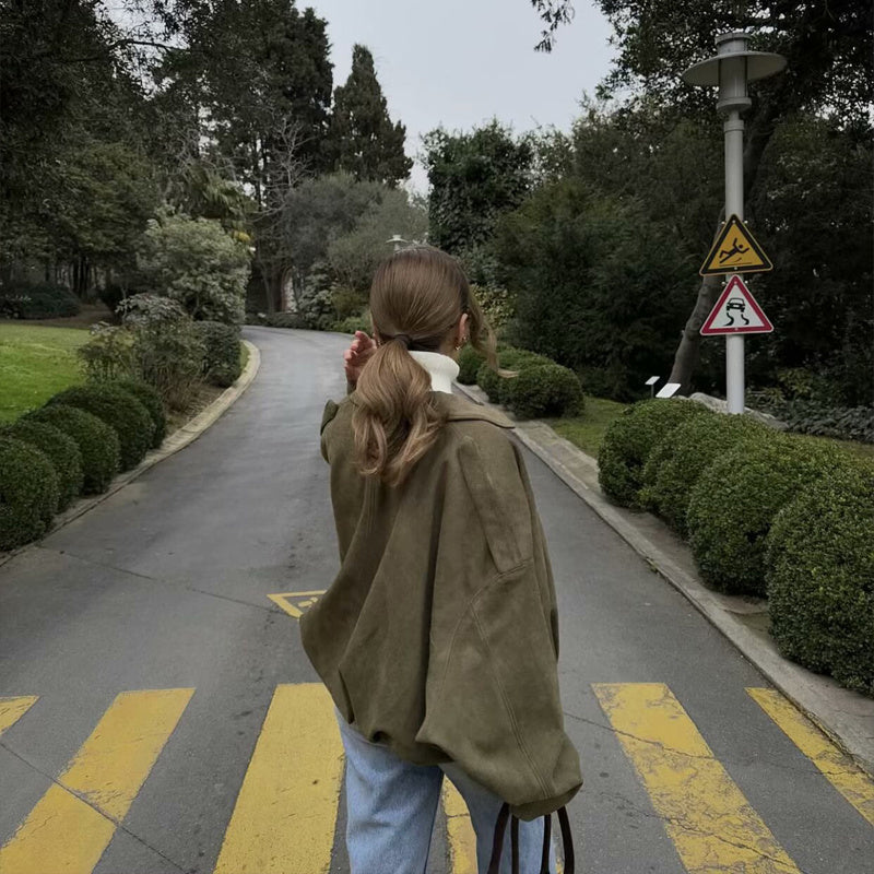 Women's Solid Color Notch Lapel Batwing Sleeve Zip-Up Jacket - Casual Pilot Style Cropped Top