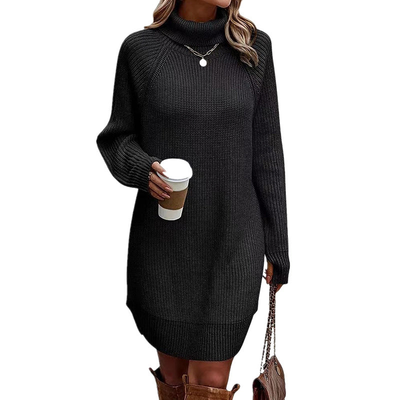 Women's Turtleneck Sweater Dress, Fall Long Sleeve Knit Pullover Mini Dress, Casual Short Sweater Dresses
