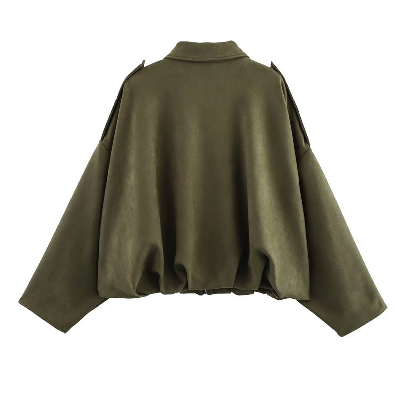 Women's Solid Color Notch Lapel Batwing Sleeve Zip-Up Jacket - Casual Pilot Style Cropped Top